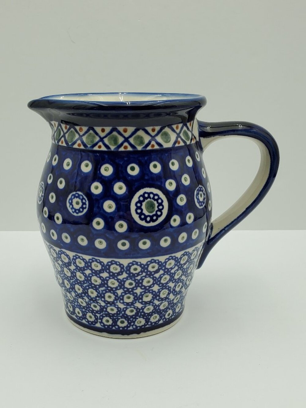 Polish Pottery Green Circles Green Dots Pitcher Blue Circle Chains Jug
